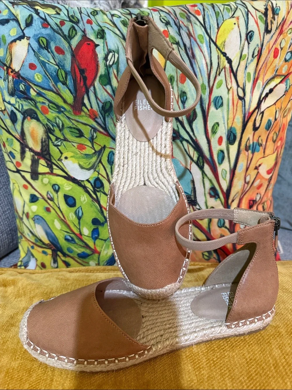 Eileen Fisher Tan Espadrille Ankle-Strap Flats with Natural Rope Trim